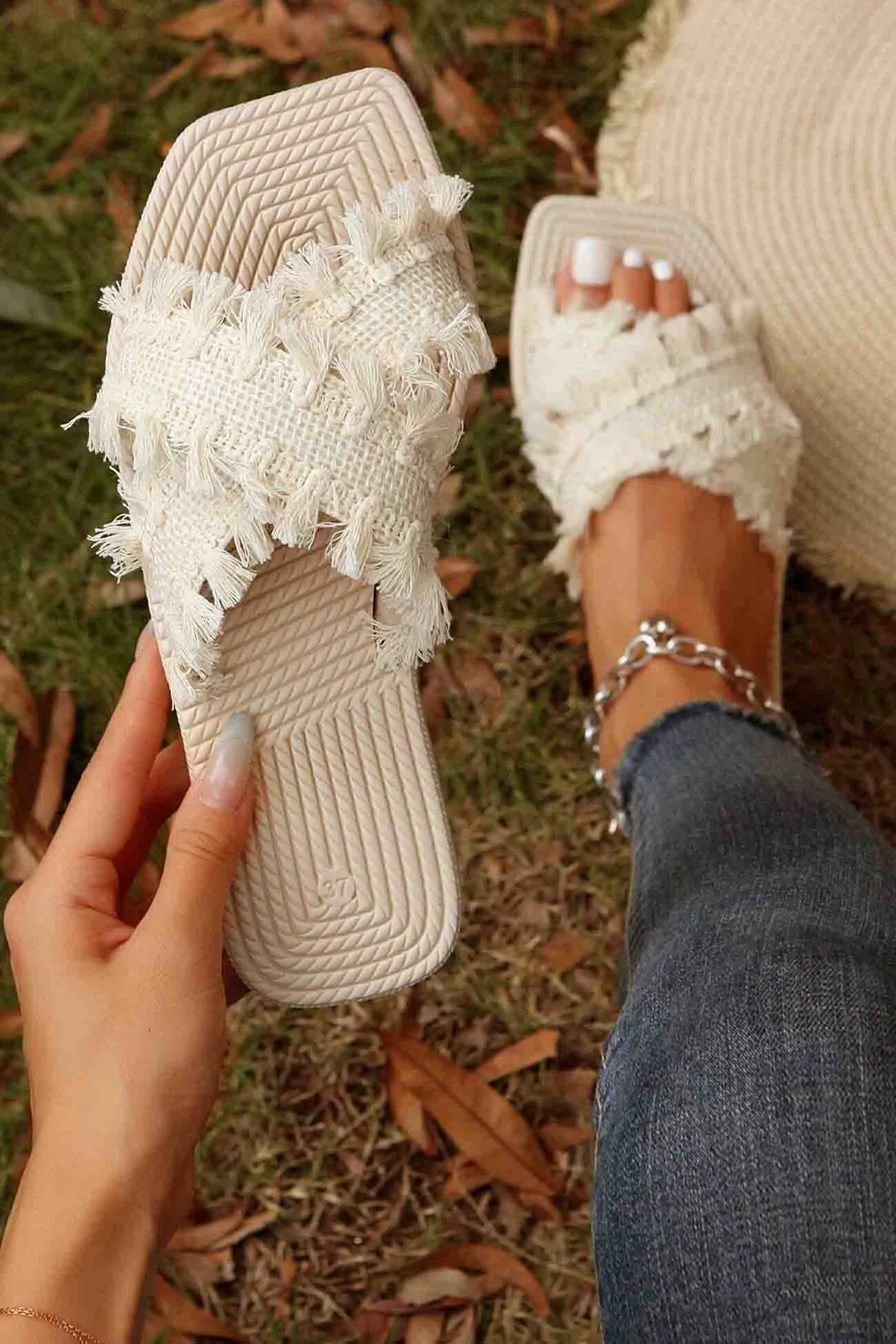 Amozae-Square Toe Fringe Cross Slide Sandals