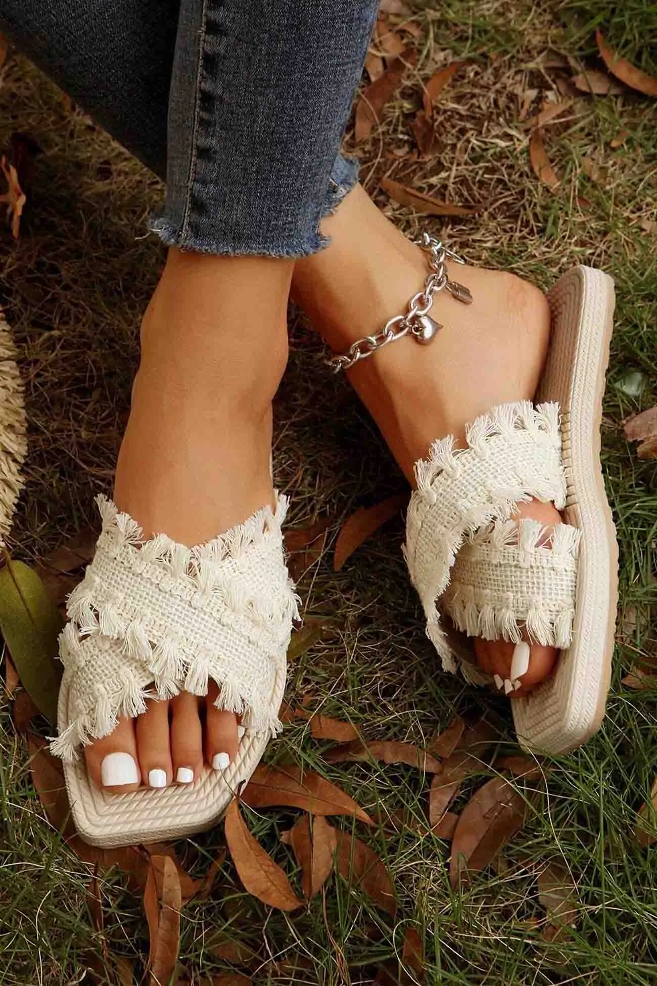 Amozae-Square Toe Fringe Cross Slide Sandals