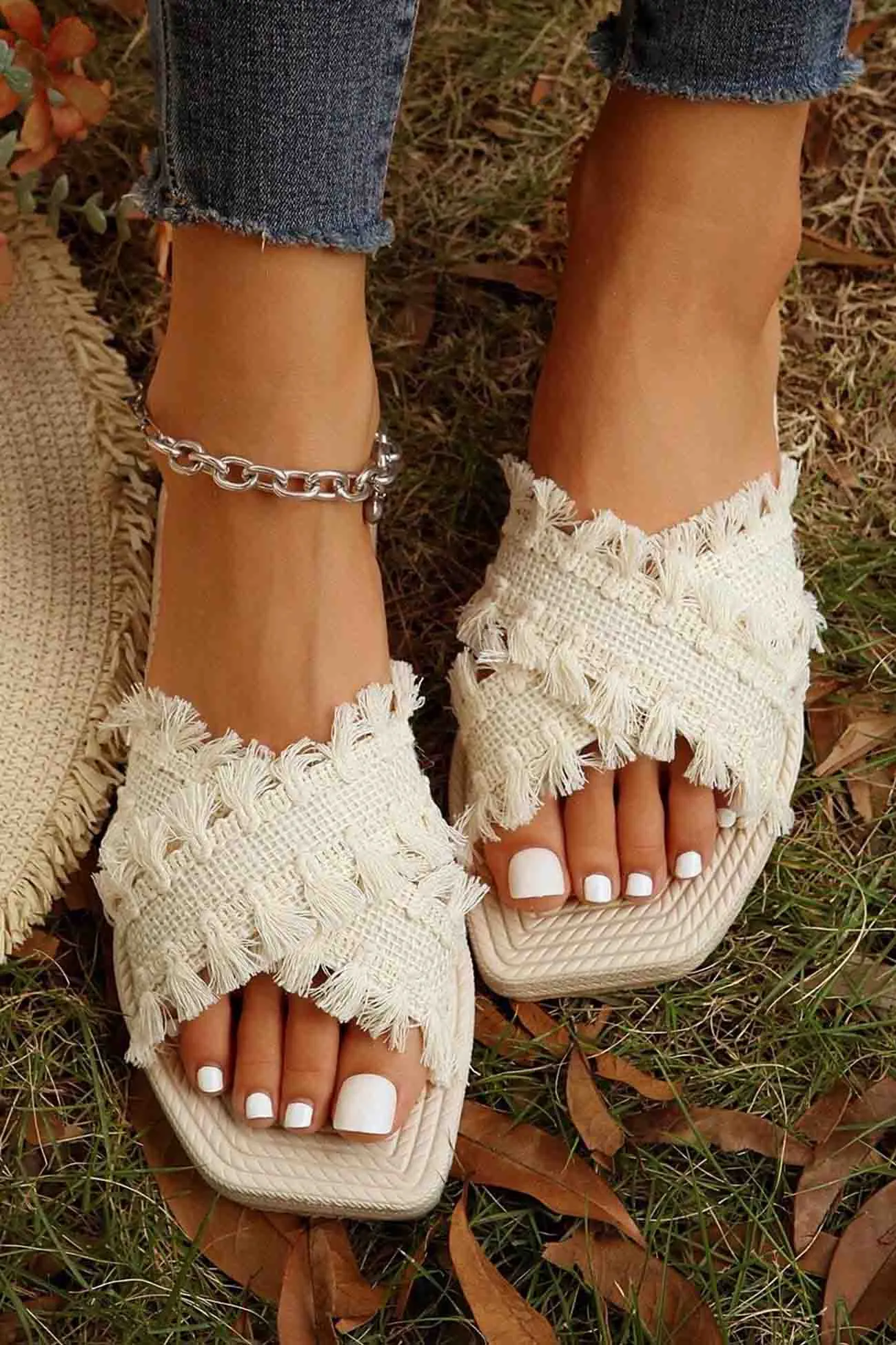 Amozae-Square Toe Fringe Cross Slide Sandals