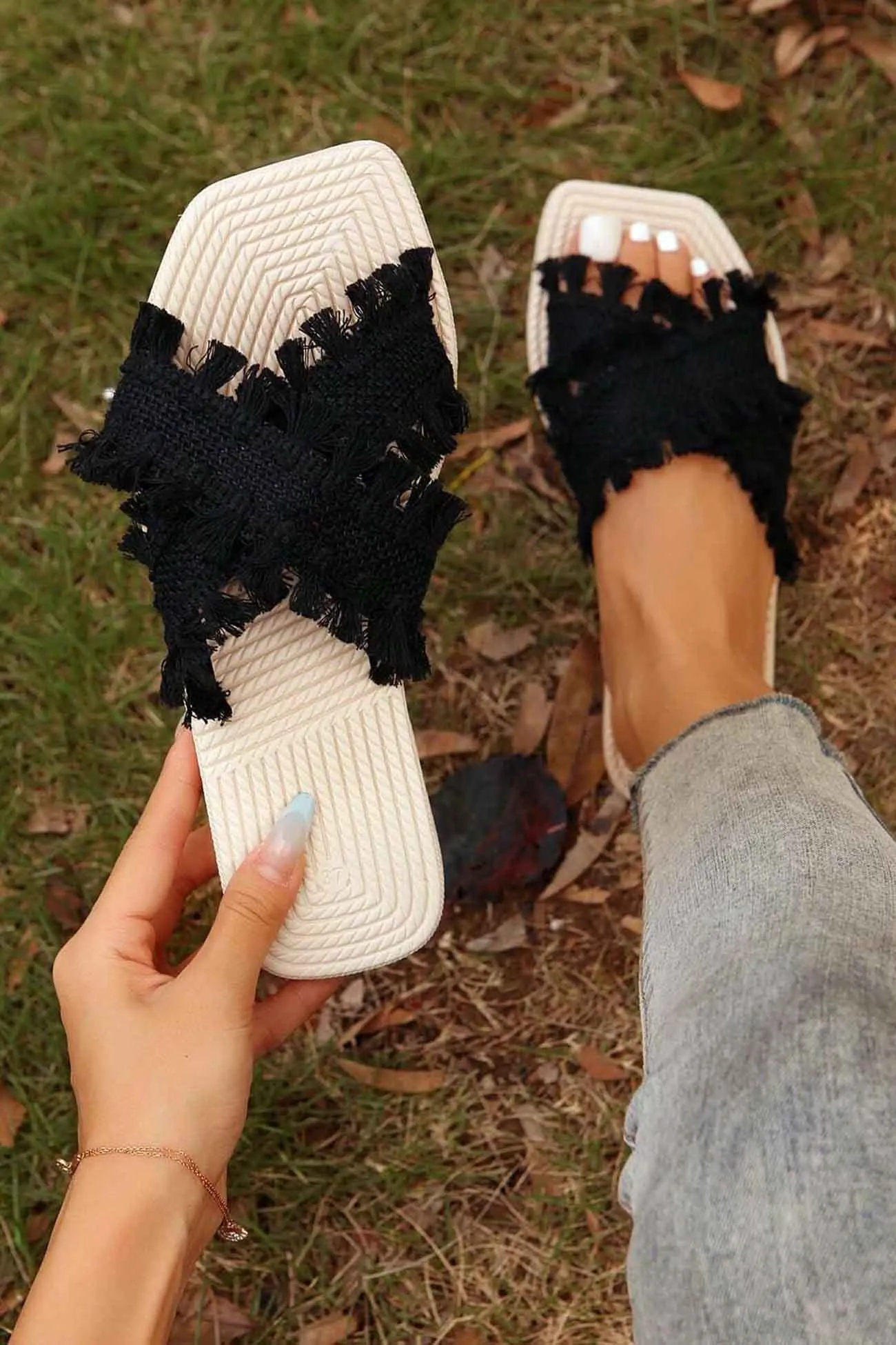 Amozae-Square Toe Fringe Cross Slide Sandals