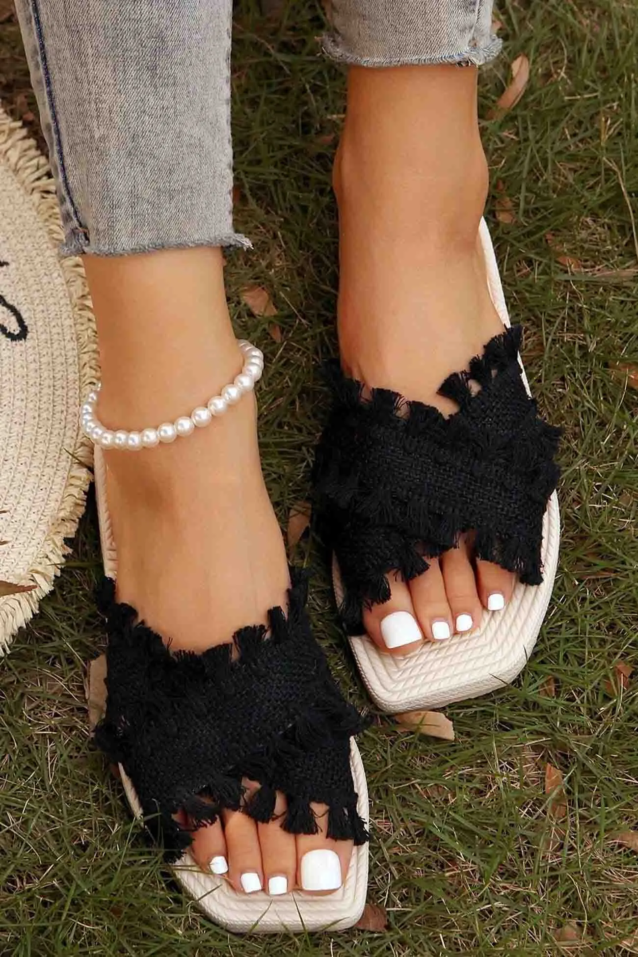 Amozae-Square Toe Fringe Cross Slide Sandals