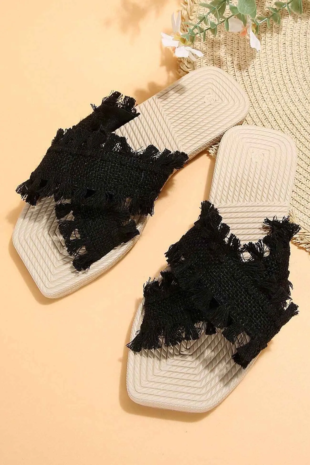 Amozae-Square Toe Fringe Cross Slide Sandals