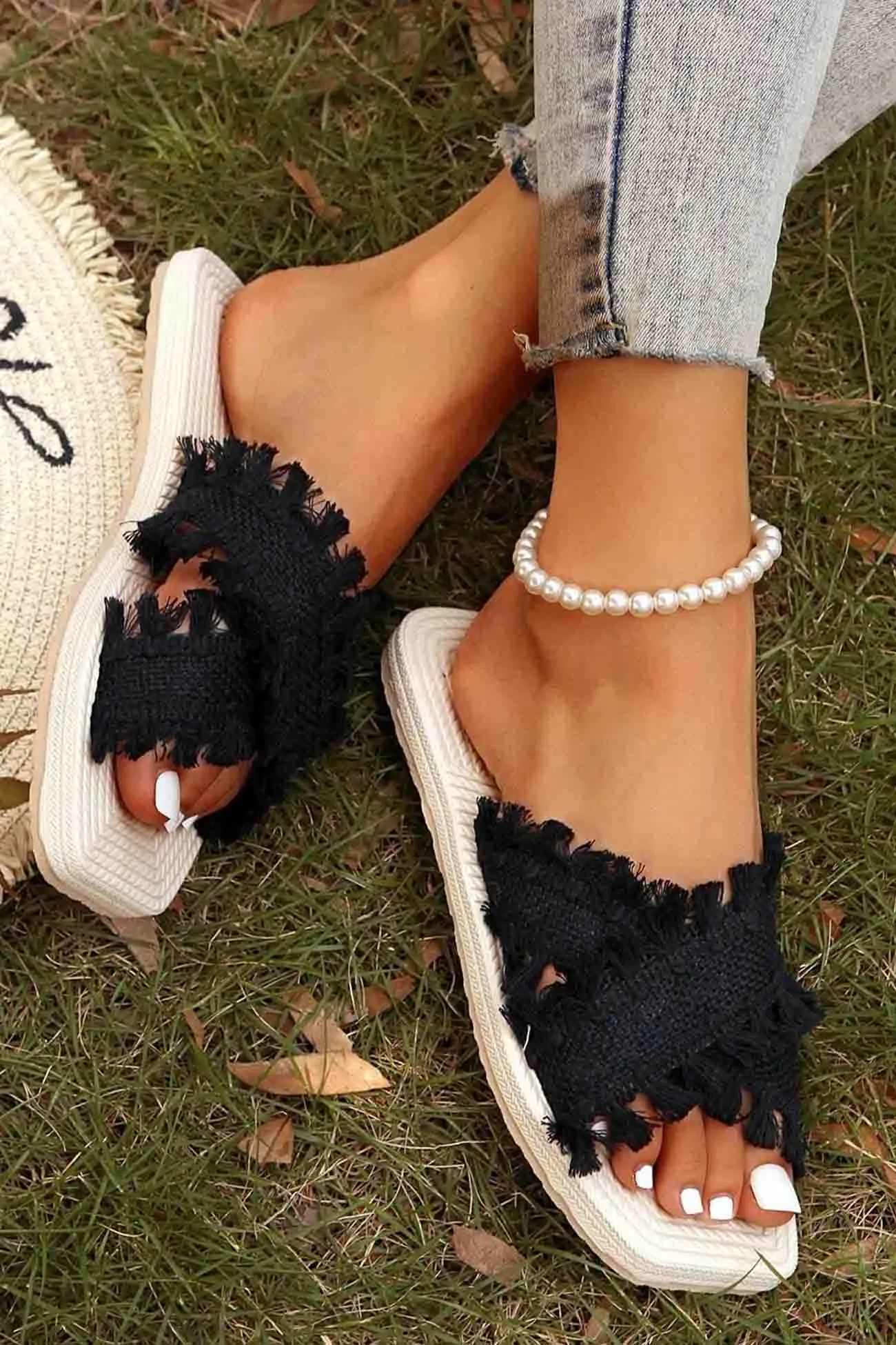Amozae-Square Toe Fringe Cross Slide Sandals