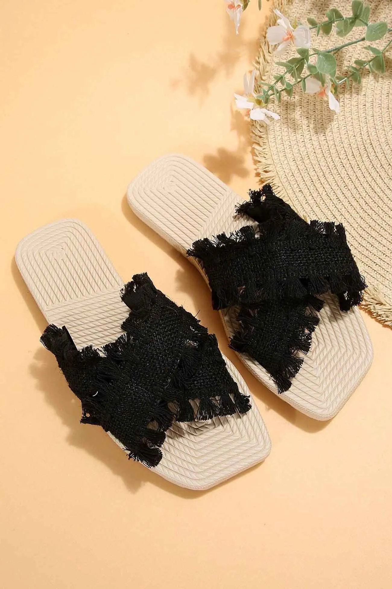 Amozae-Square Toe Fringe Cross Slide Sandals