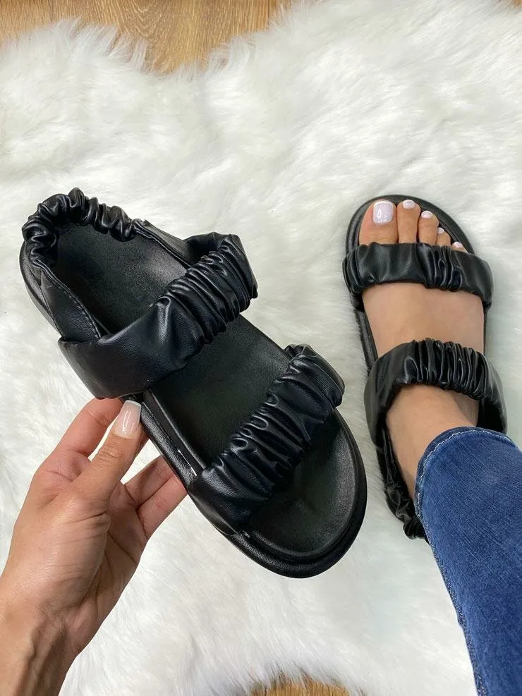 Cason Black Rouched Elasticated Faux Leather Sandals