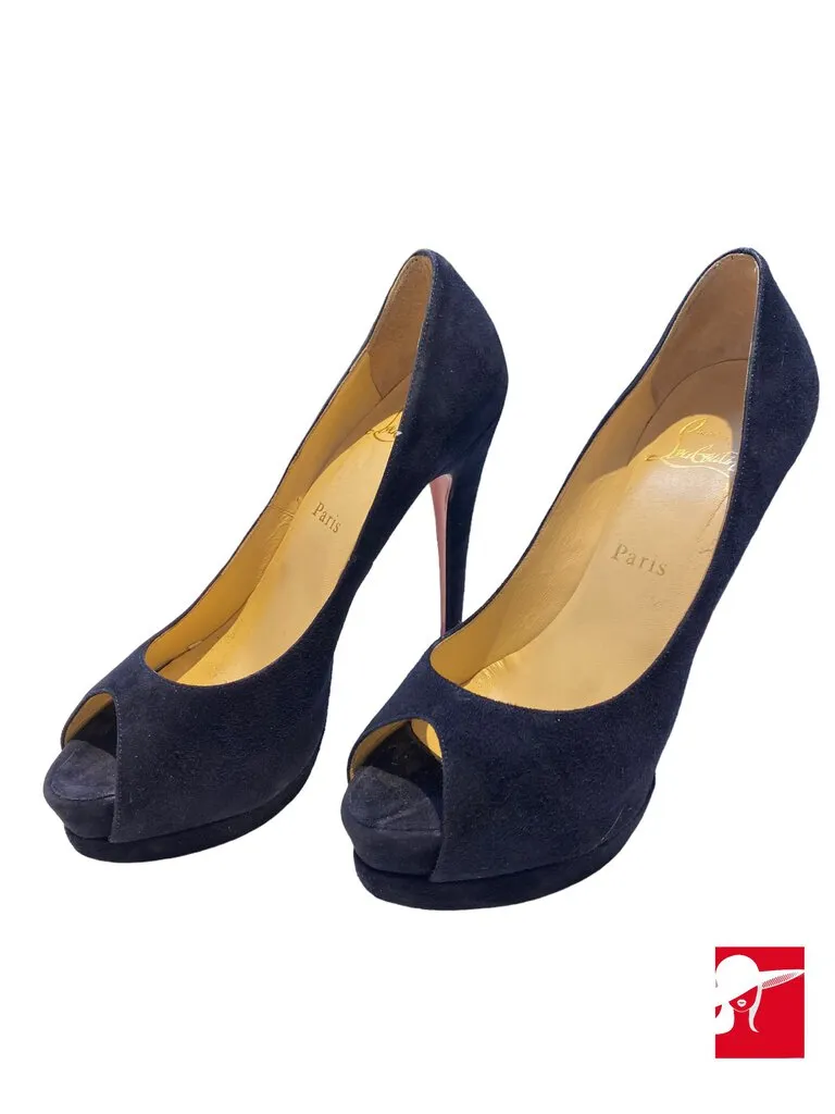 Christian Louboutin suede platform peep toe pumps, size 38/US 7.5, 5.75 heel