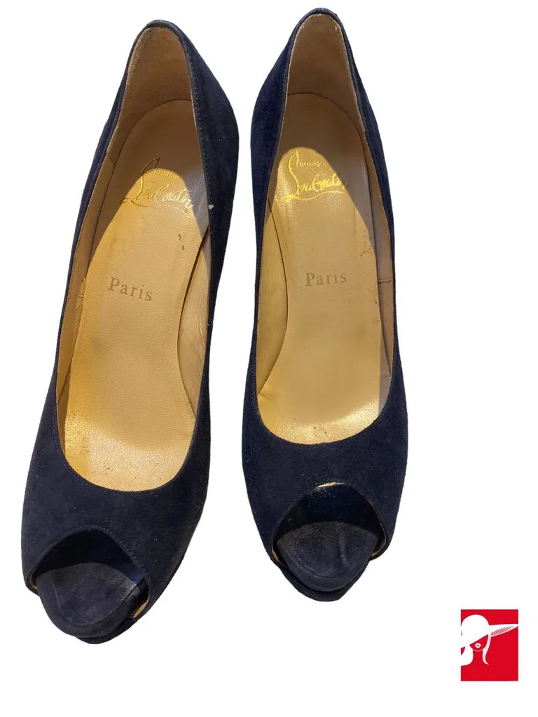 Christian Louboutin suede platform peep toe pumps, size 38/US 7.5, 5.75 heel
