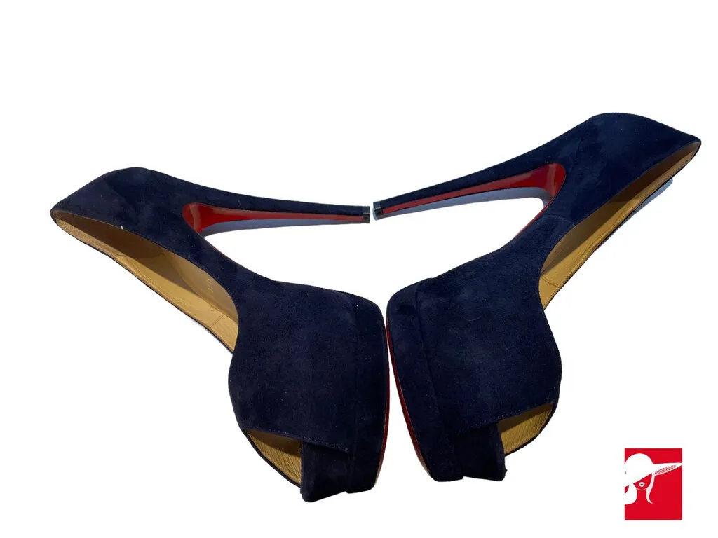 Christian Louboutin suede platform peep toe pumps, size 38/US 7.5, 5.75 heel