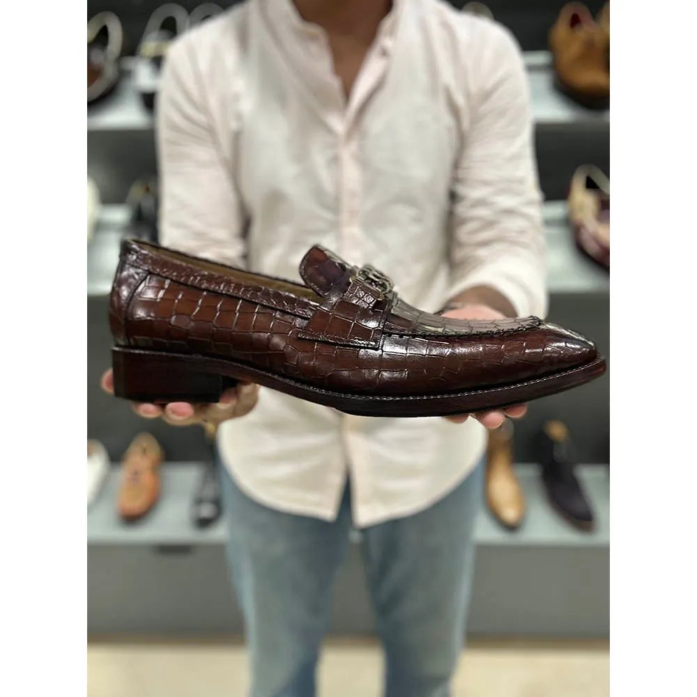 Cognac Croco Mirror Glossed Antique Buckle Loafers