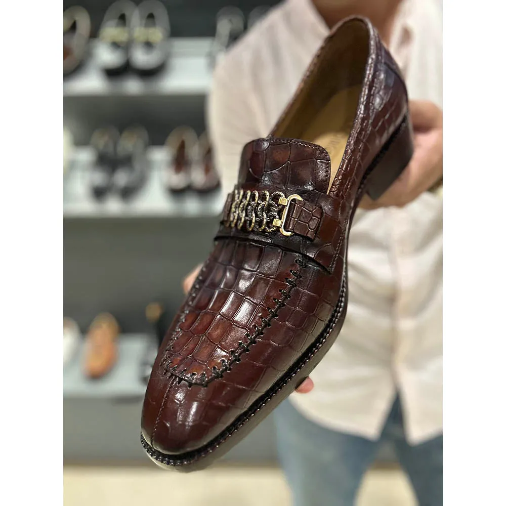 Cognac Croco Mirror Glossed Antique Buckle Loafers