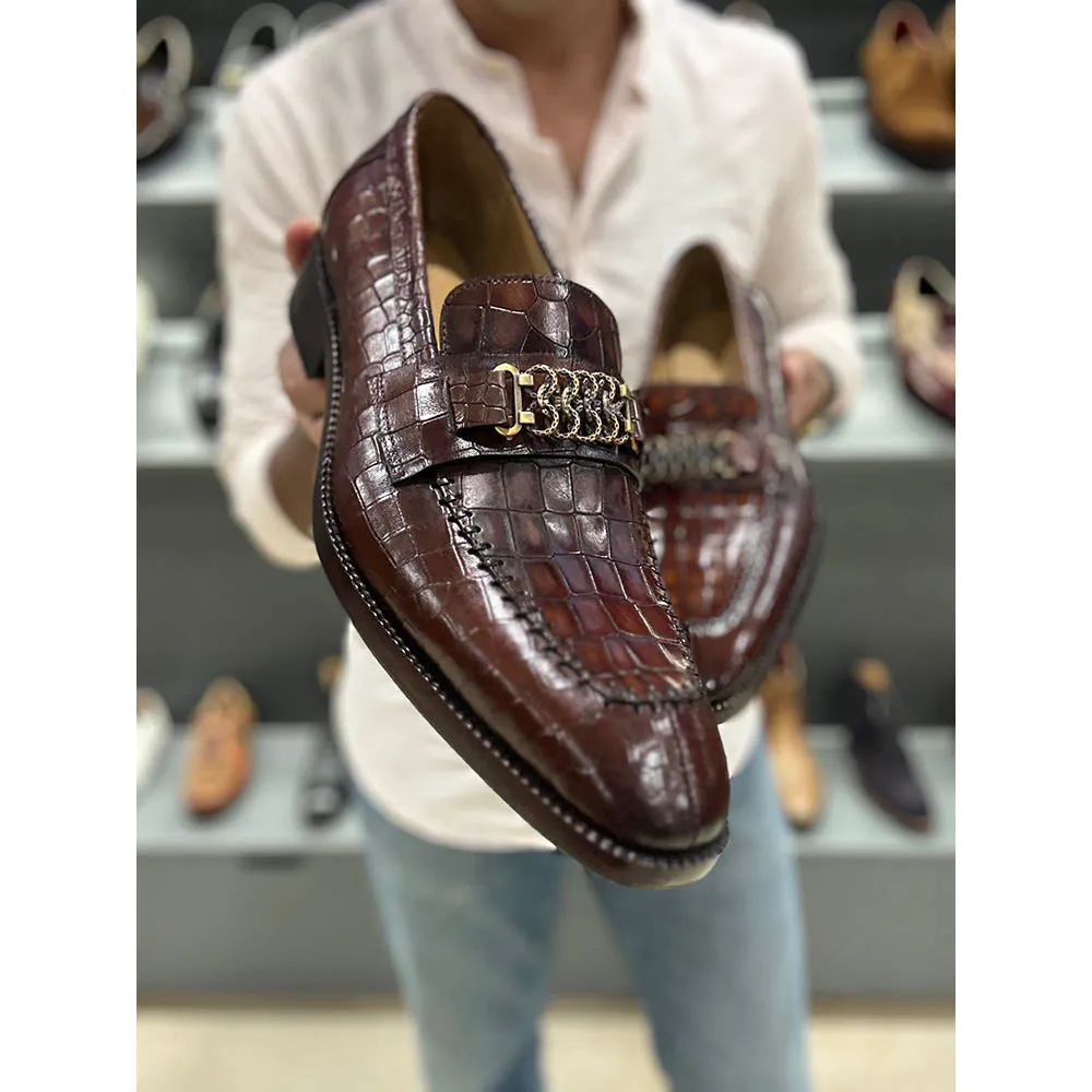 Cognac Croco Mirror Glossed Antique Buckle Loafers