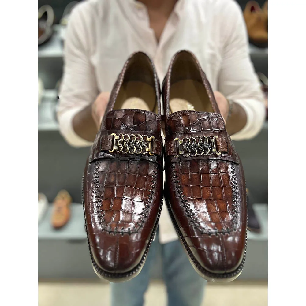 Cognac Croco Mirror Glossed Antique Buckle Loafers