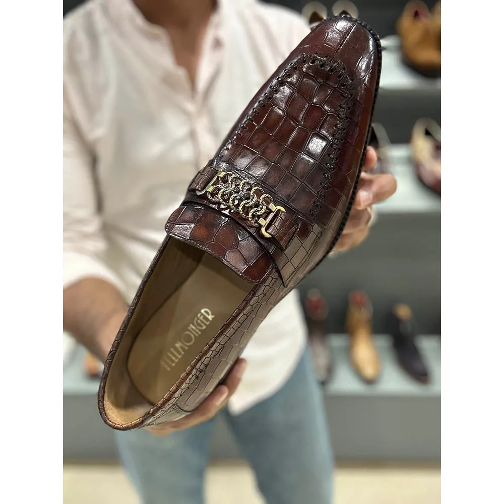 Cognac Croco Mirror Glossed Antique Buckle Loafers
