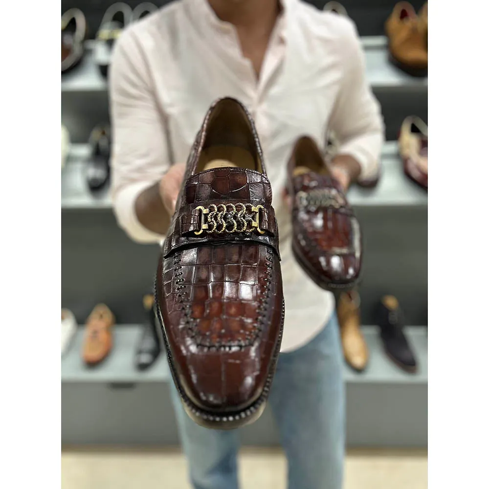 Cognac Croco Mirror Glossed Antique Buckle Loafers