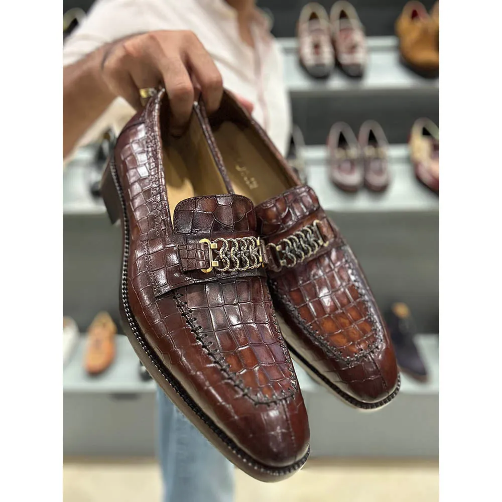 Cognac Croco Mirror Glossed Antique Buckle Loafers